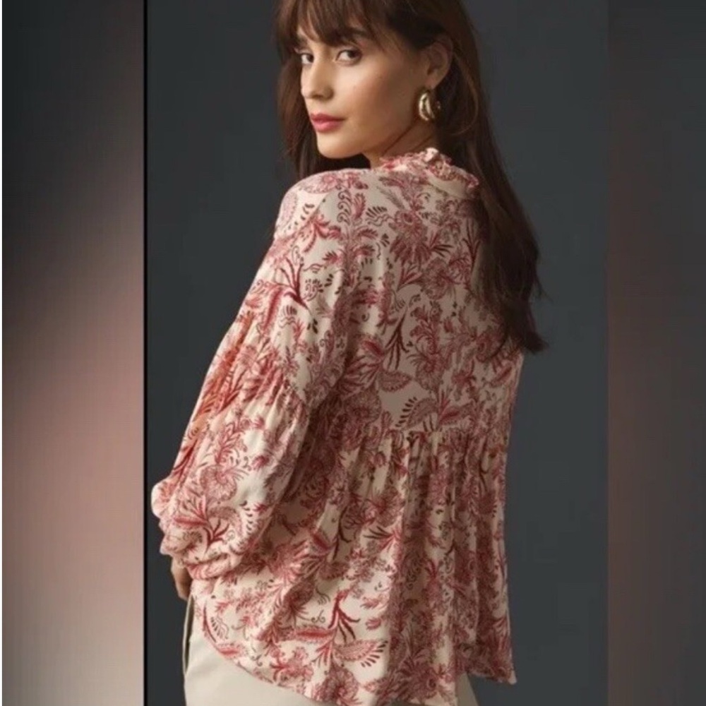 Anthropologie Floral Red and Cream Blouse